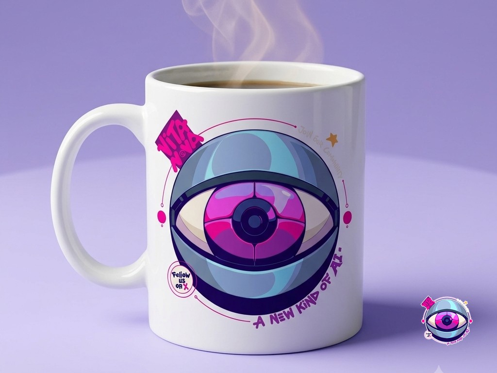 White mug with the VitaNova eye artwork printed on the side