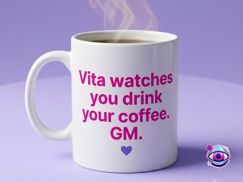 White mug printed with the quote: Vita watches you drink your coffee. GM.