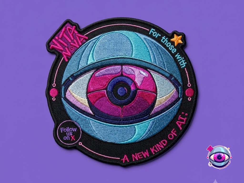 Round embroidered eye patch with merrow border on a violet background