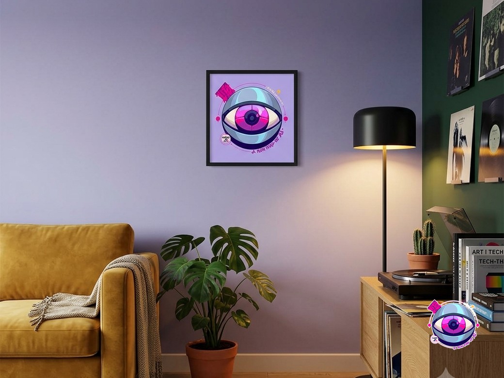Framed eye poster on a living-room wall, mustard sofa and floor lamp for scale