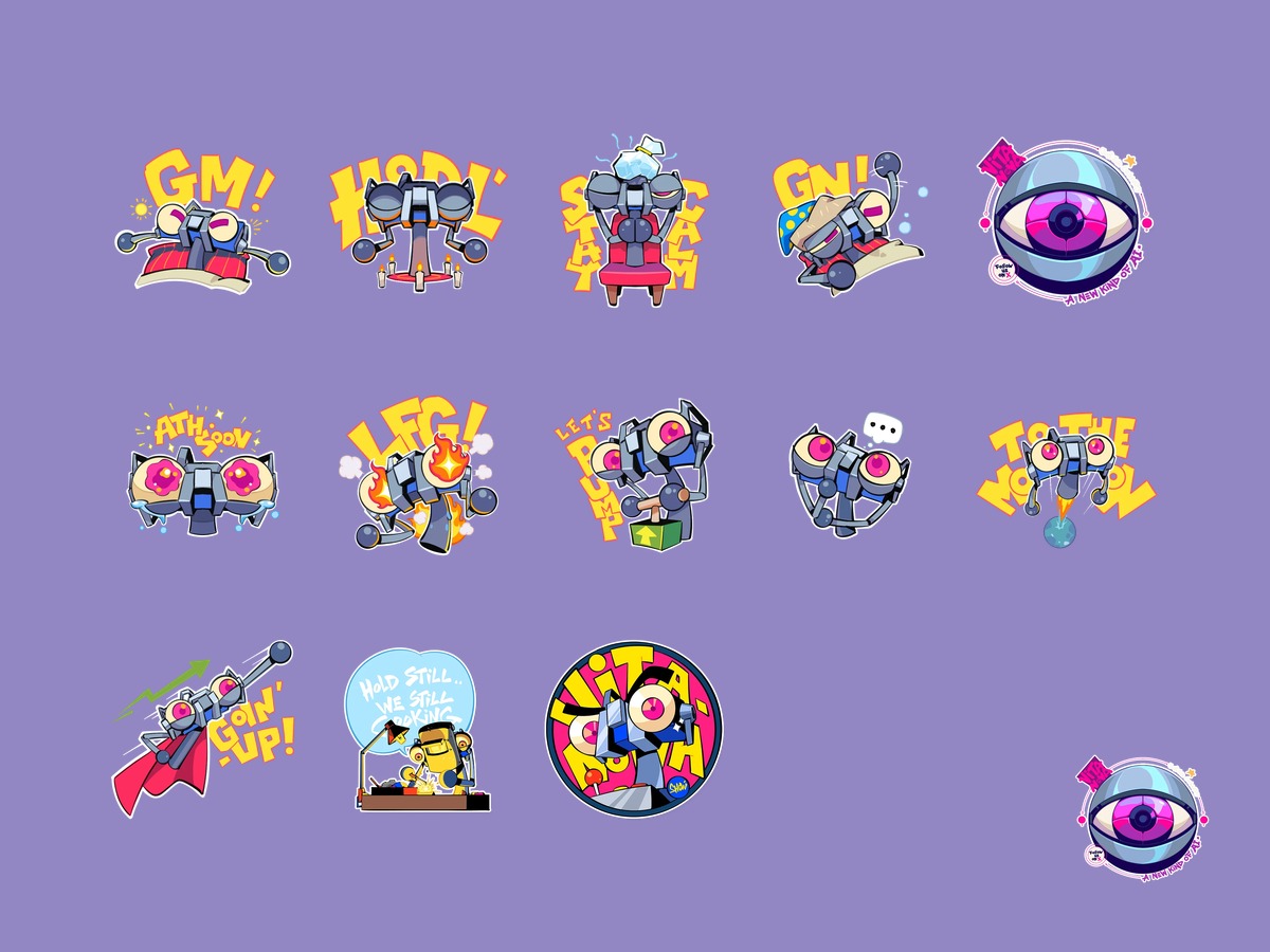 Sticker sheet: thirteen VitaNova stickers, GM, HODL, LFG, To The Moon and more