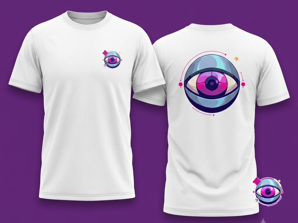 White tee, small eye logo on the chest, large eye artwork across the back