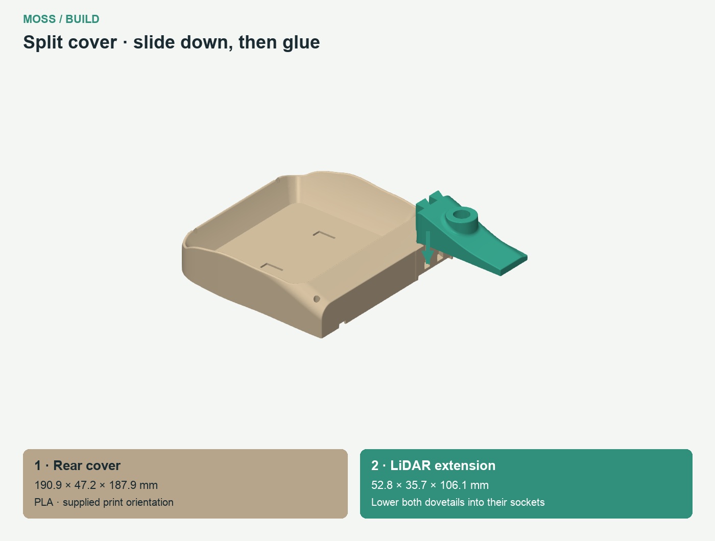 Two-piece upper cover: lower the LiDAR extension into the two dovetail sockets from above
